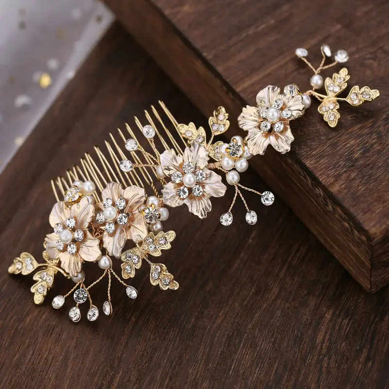 Gorgeous Flower Bridal Hair Comb Gold Metal Leaf Wedding Accessories | Украшения и аксессуары