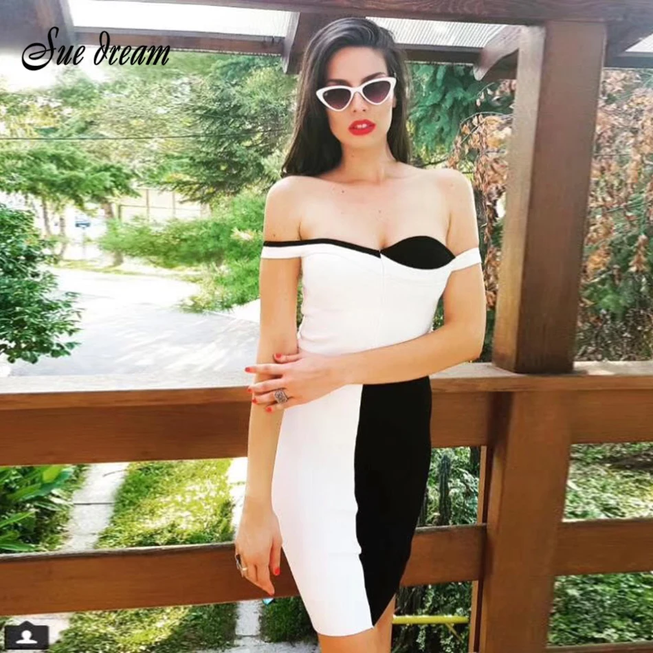 2019 Novas Mulheres Vestido Chique Elegante Preto E Branco Costura сексуальное платье без бретелек Atacado