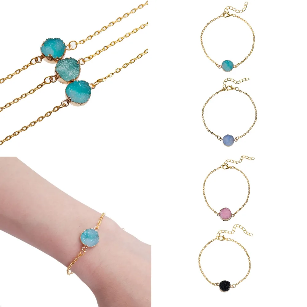 DoreenBeads Смола Drusy браслеты звено кабельная цепь Золотой цвет малахитовый