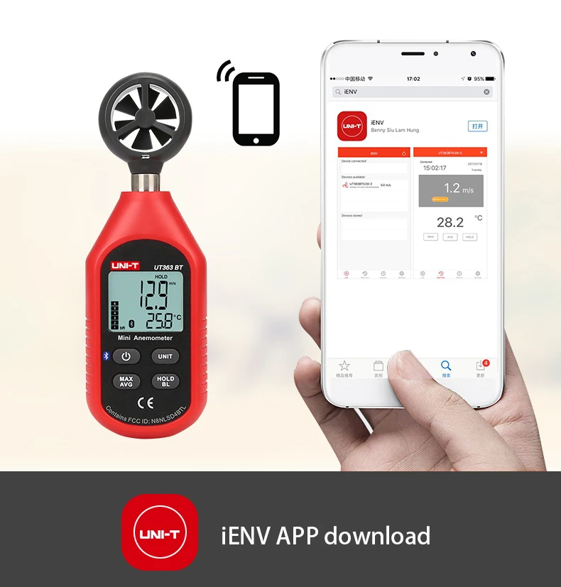 UNI-T UT363BT Мини цифровой Bluetooth Анемометр Ручной цифровой измеритель скорости ветра термометр измеритель ветра обновлен от UT363