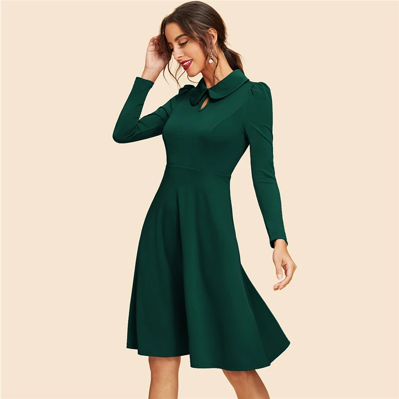 SHEIN Платье Клеш С Длинными Рукавами Офисное Платье с Высокой Талией Элегантные Однотонные Платья