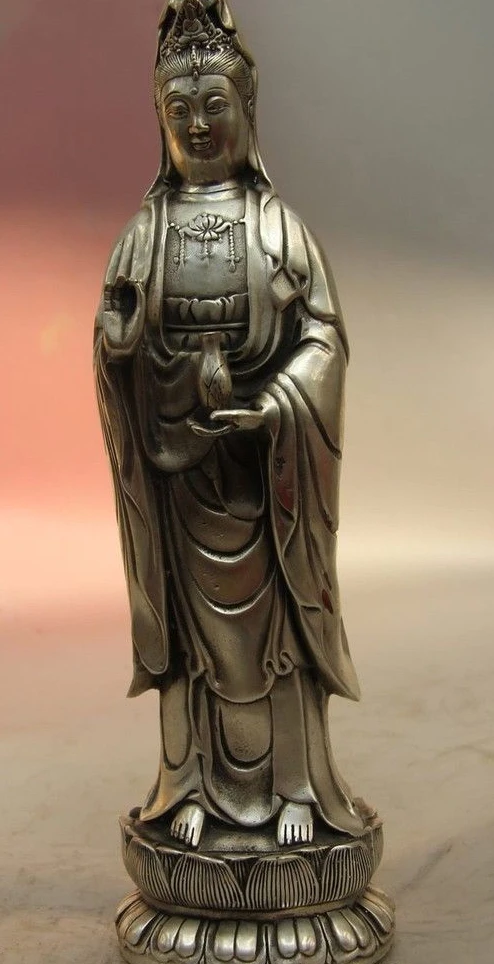 

13 Tibet Buddhism White Copper Silver Guanyin Kwan-yin Bodhisattva Buddha Statue