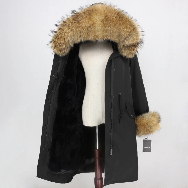black natural OFTBUY, водонепроницаемая верхняя одежда, удлиненная парка, зимняя куртка для женщин, натуральный мех енота, капюшон, пальто из натурального кроличьего меха, теплая уличная одежда, новинка - Цвет: black natural