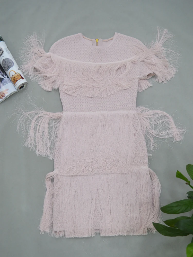 Halinfer New summer women dress sexy body O-Neck Mesh Tassel Mini Rayon Bandage celebrity party dresses vestidos
