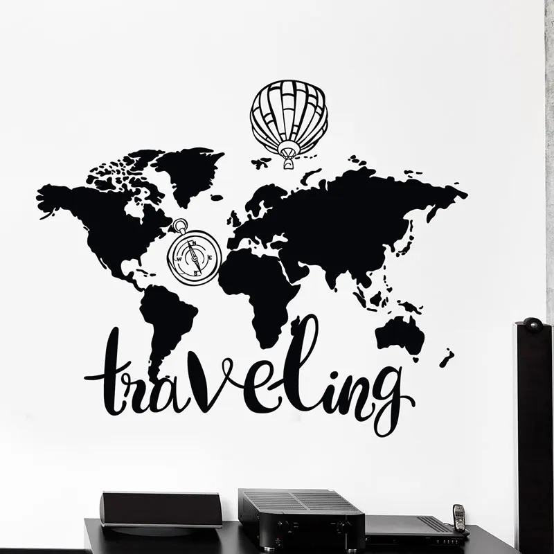World map wall stickers hot air balloon compass home decoration living room bedroom vinyl art decal detachable wallpaper DT01 | Дом и сад