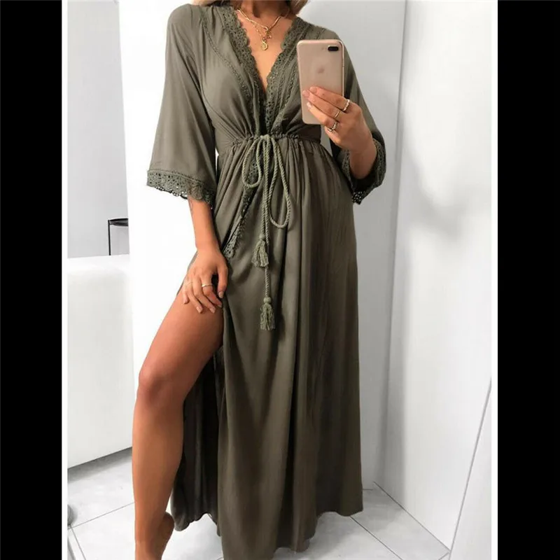 Женское льняное платье макси вечернее пляжное футболка кардиган кимоно сарафан