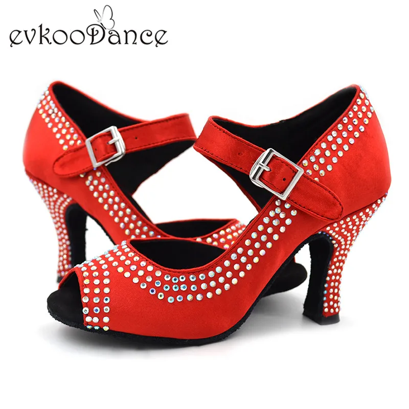 Женские атласные туфли со стразами профессиональные на каблуке 8 см для