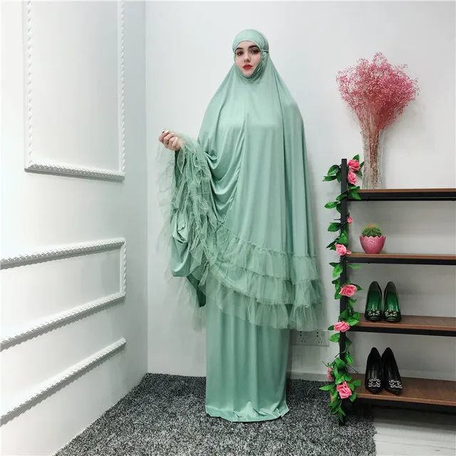

Women Prayer Garment Muslim Clothing Lace Hijab Dress Full Cover Abaya Long Robe Ramadan Islamic Dubai Arab Gown Praying Kaftan