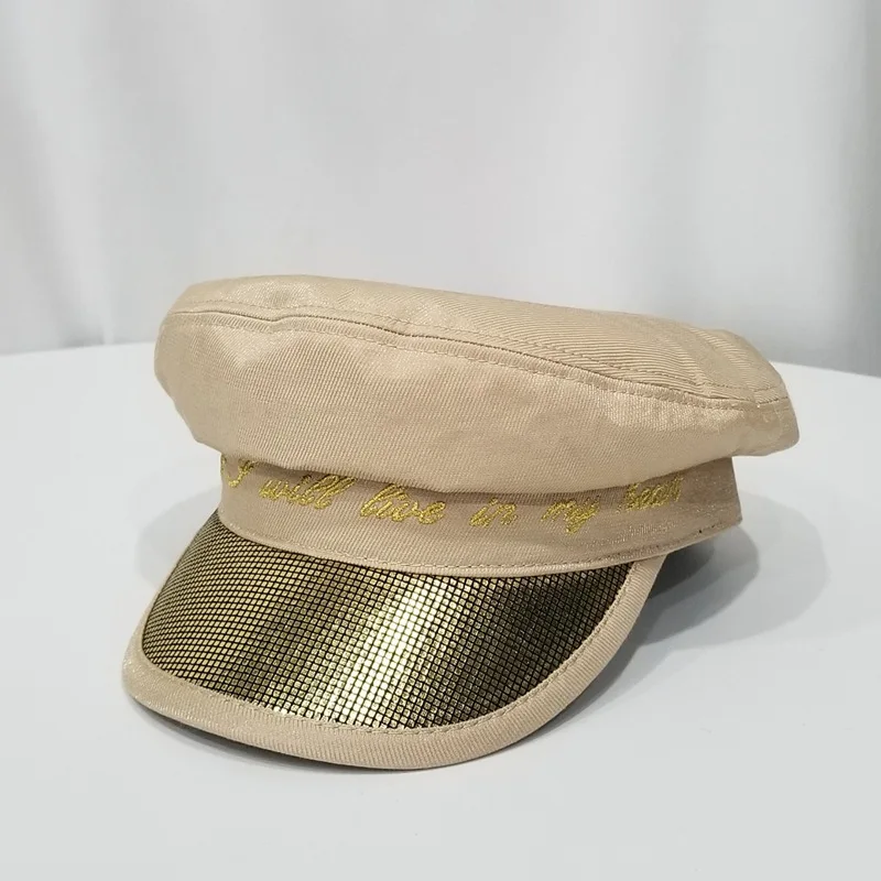 Winter Woman's Military Army Navy Leather Cap Literary Letter Newsboy Hats Warm For Autumn Winter Flat Top Berets Sequins Hat