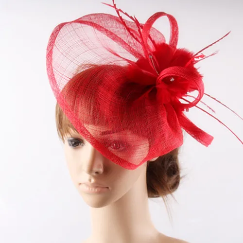 

Red Millinery Fascinator Hats Sinamay Trims with Feathers Flower Adorned as Cocktail Headpieces Wedding Bridal Headwear 20 Color