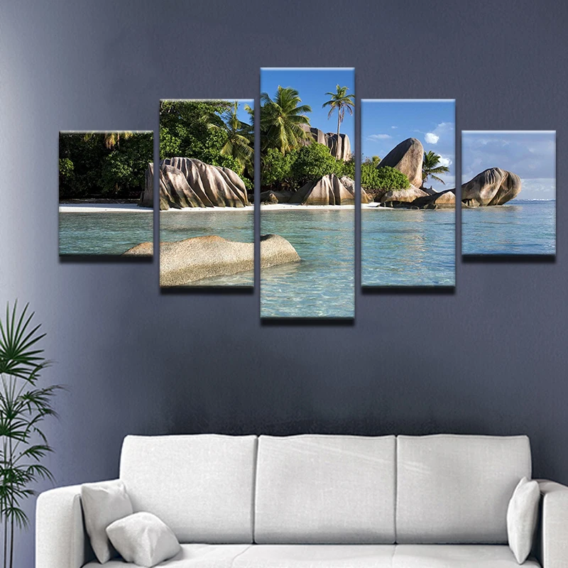 Living Room Home Decor Wall Art Picture Printed Azure Sky Ocean White Clouds Coconut Tree Stone Painting On Canvas | Дом и сад