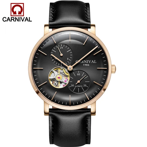 Black leather C8024 Карнавальные ультратонкие турбийон Авто механические часы для мужчин люксовый бренд полностью стальные водонепроницаемые мужские часы relogio kol saati - Цвет: Black leather C8024