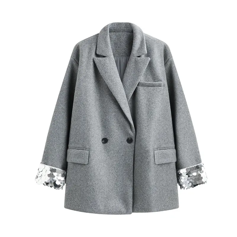 [HG] Streetwear Fashion Women Winter Spring Double Breasted Notched Collar Pocket Coat Female Patchwork Sequined Blazer ZLL2662 | Женская