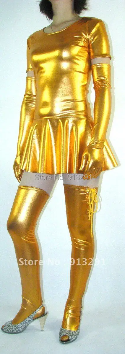 New Gold Shiny Metallic Sexy Women's Dress&ampSkirt with Glove/Stockings Halloween Dresses #233 |