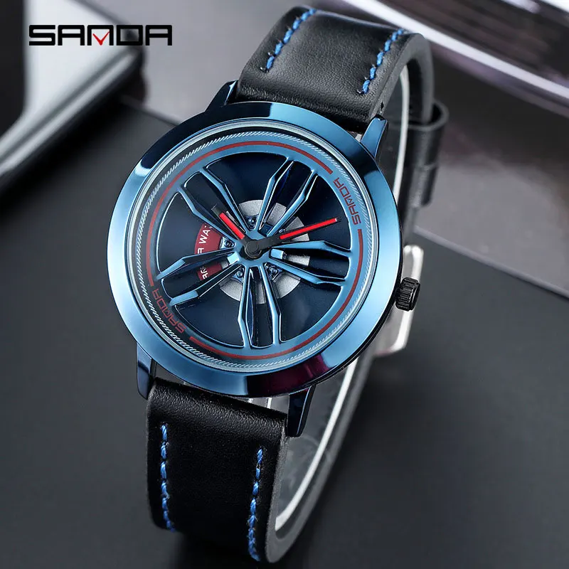 leather blue SANDA, кварцевые часы, мужские часы, бизнес бренд, наручные часы, мужские наручные часы для мужчин, часы Hodinky, мужские часы с вращающимся колесным циферблатом - Цвет: leather blue