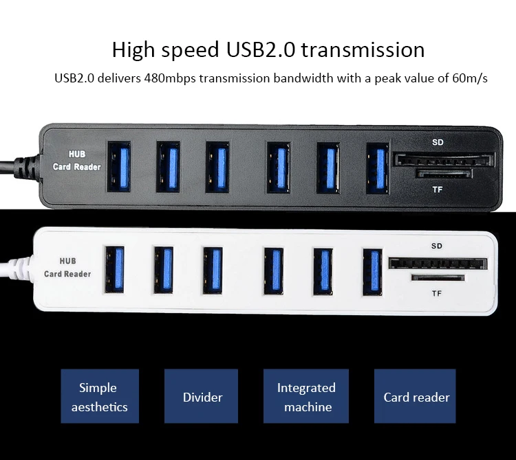 Usb-хаб комбо 6 портов USB 2,0 Micro Card Reader SD/TF высокоскоростной Мульти USB разветвитель концентратор комбо все в одном для ПК ноутбук компьютер
