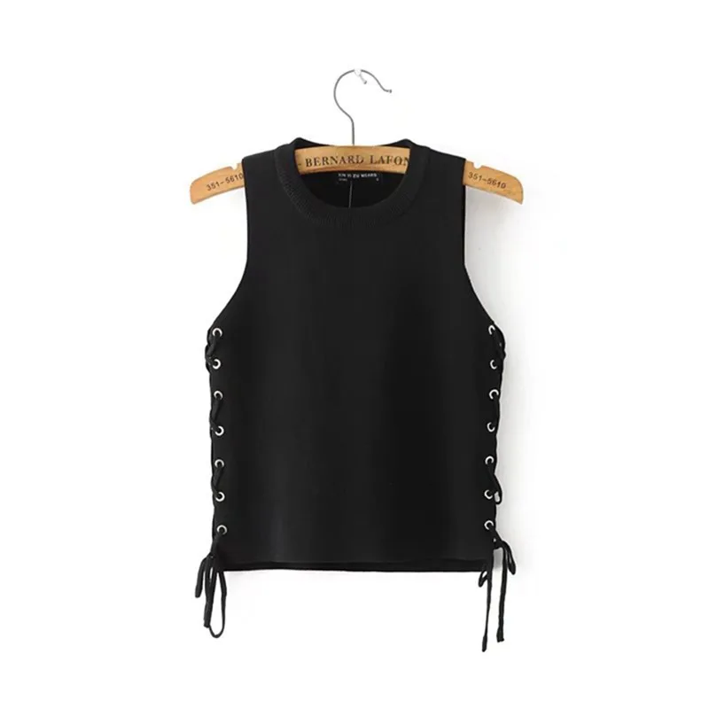 

Women Fashion Knitted Camisole Cropped Camis Tops Slim Side Lace Up Tank Tops Summer Solid Sleeveless Pullover Tee shirts