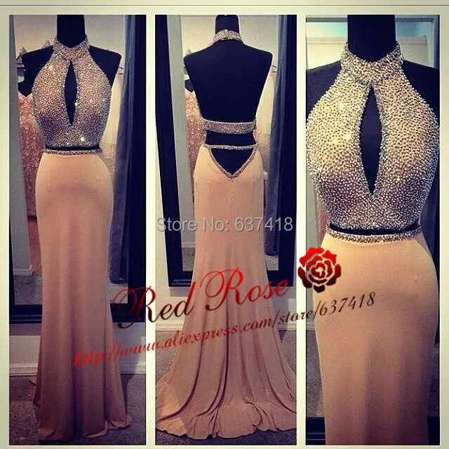 Длинное вечернее платье Русалка цвета шампань бальное из двух предметов для