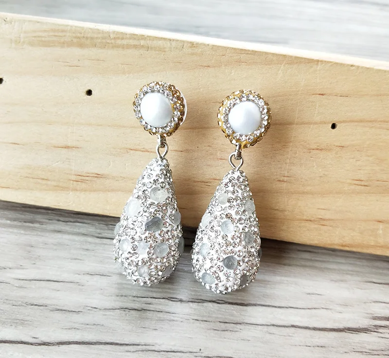 1 Pair Fashion drop shape Natural stone dangle Earrings handmade Pave Rhinestone pearl Charm Jewelry earrings ER762 | Украшения и