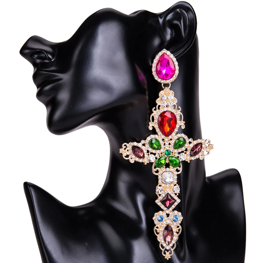 Baroque Big Cross Earrings For Women Large Dangle Earings Female Rhinestone Gold Color Jewelry Luxury Trendy Jewelery Wholesale