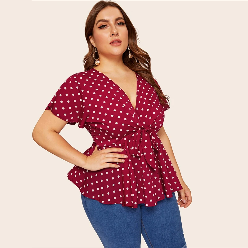 Dotfashion/женская блузка в горошек с узлом спереди; сезон лето ; Boho; глубокий v-образный вырез; одежда с короткими рукавами; женские модные топы