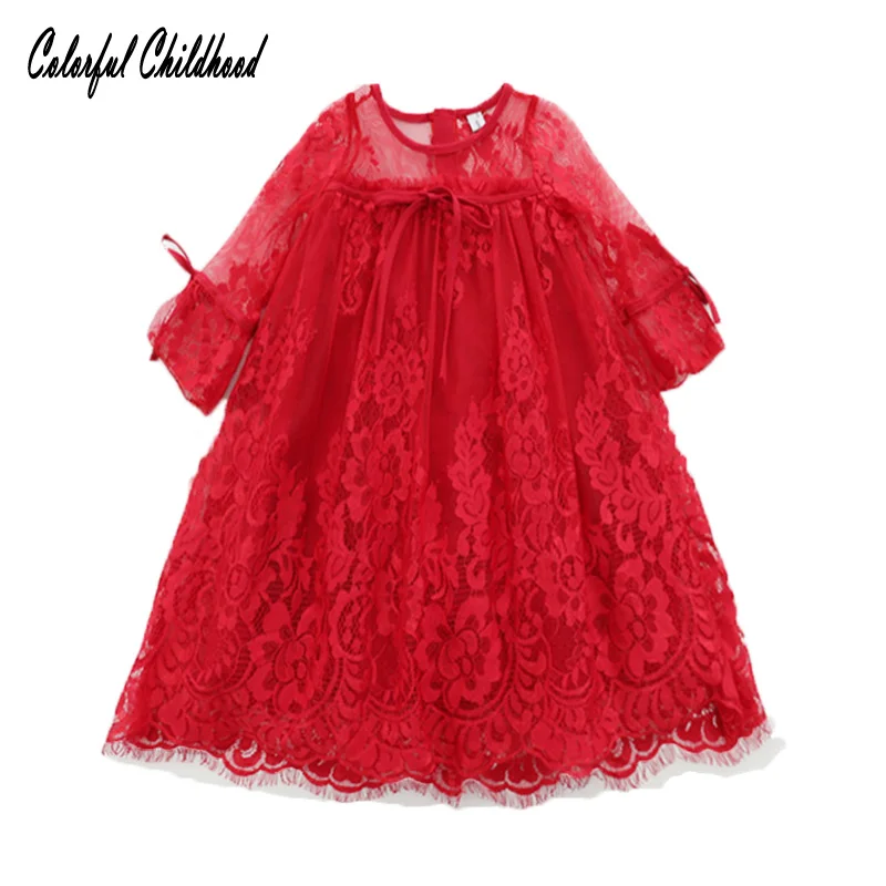 Красное Кружевное Платье Рождественская Одежда для девочек платье
