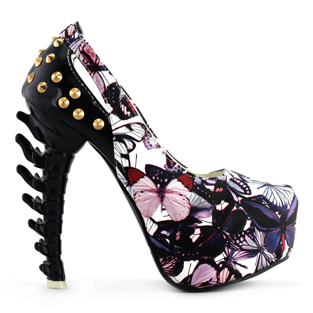

LF80626 Rock Butterfly Studs Cut-out Peep-toe Bone Heels Club Pumps