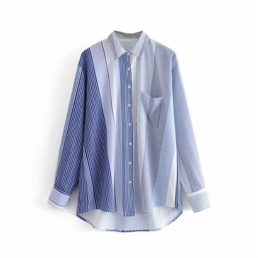 

Женская шифоновая блузка, повседневная однобортная рубашка с длинным рукавом и отложным воротником, в полоску, в стиле пэчворк, Ds50483