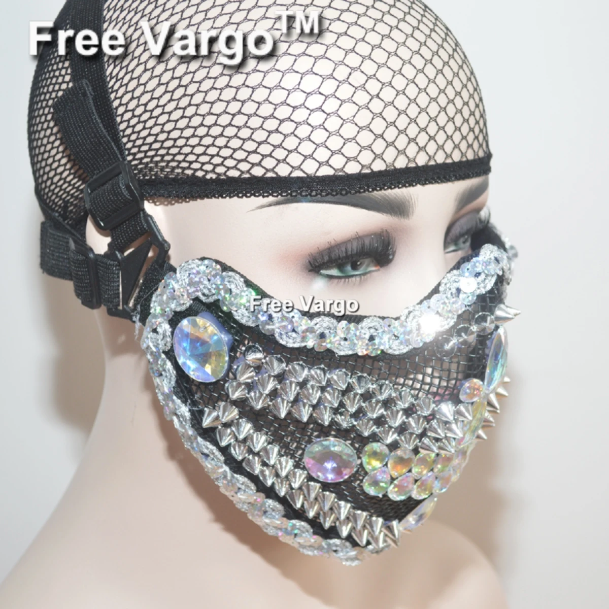 

Holographic Rhinestone Burning Man Halloween Masquerade Face Mask Costume Summer Festival Rave Clothes Outfits Gear