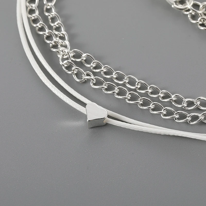Bohemian Beach Heart-shaped Multi-layered Anklet Bracelet Silver Color Link Chain Barefoot Jewelry Women Foot | Украшения и