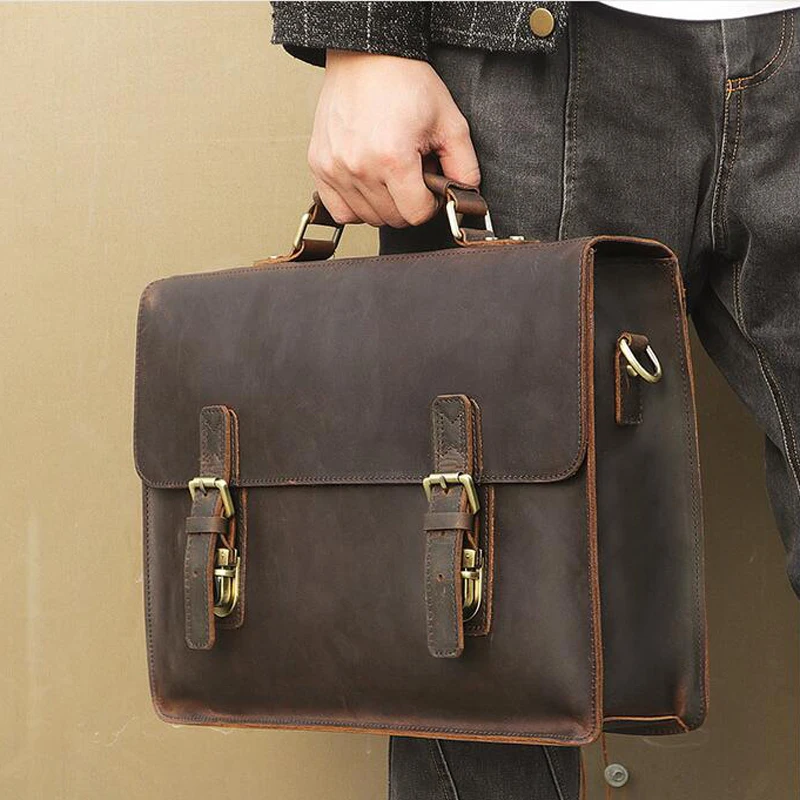 LEXEB Brand Men's Vintage Classic Crazy Horse Briefcase Genuine Leather Messenger Bags 15 Laptop High Quality Business Bag Brown | Багаж и
