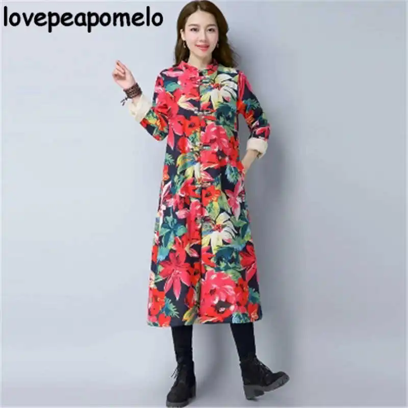 Navy blue Осенне-зимняя ветровка большого размера, женские костюмы, винтажное пальто с цветочным принтом, свободный женский длинный Тренч большого размера J323 - Цвет: Navy blue