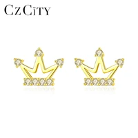czcity lovely hollow princess crown stud earrings for women small shining female earrings 925 silver jewelry dating accessories