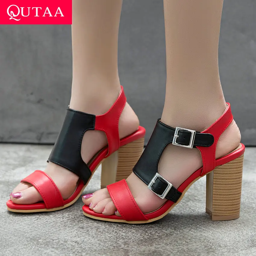 QUTAA Women Pumps Pu Leather Women Sandals Platform All Match Square High Heel Peep Toe Shoes Ladies Sandals Size 34-43