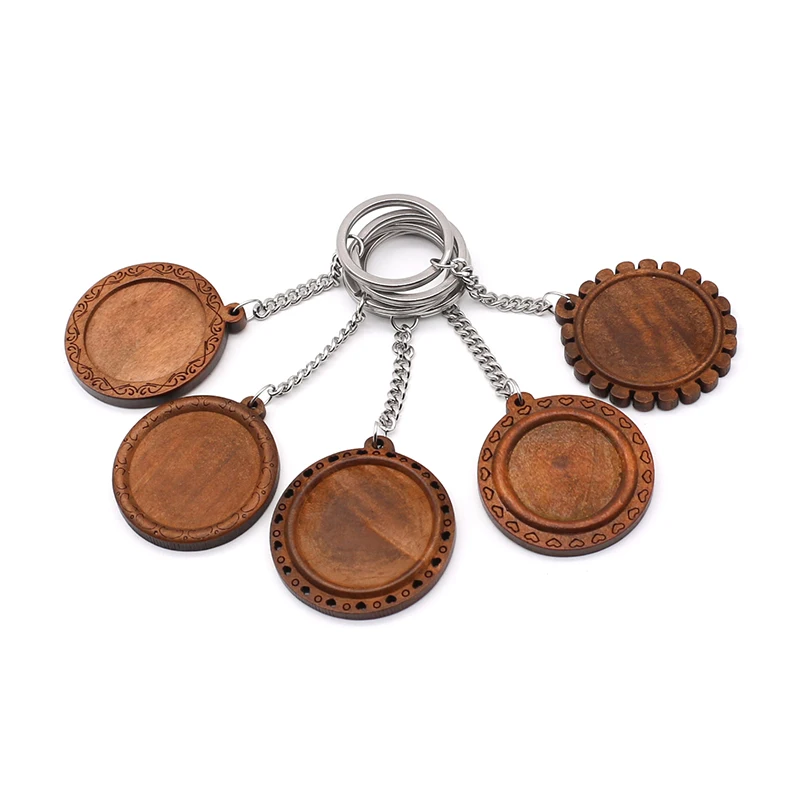 3pcs/lot 25 30mm Wood Cabochon Stainless Steel Keychain Base Settings Diy Blank Brown Cameo Trays for Key Chain Jewelry Making | Украшения