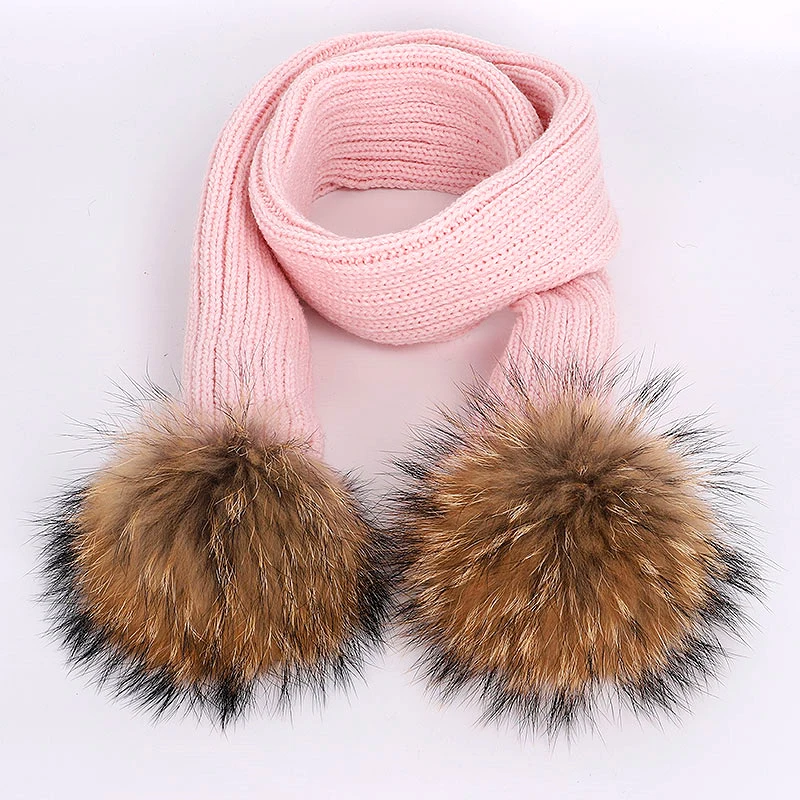 Pink2 Коллекция года, модная детская шапка из натурального меха енота, шапка с помпоном в горошек для мальчиков и девочек, костюм с толстым шарфом Спортивный зимний теплый лыжный комбинезон - Цвет: Pink2
