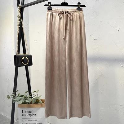 kHAKI Однотонные Корейская высокая Талия атласные широкие брюки женские летние плюс размер свободные длинные прямые брюки Femme Повседневные A394 - Цвет: kHAKI