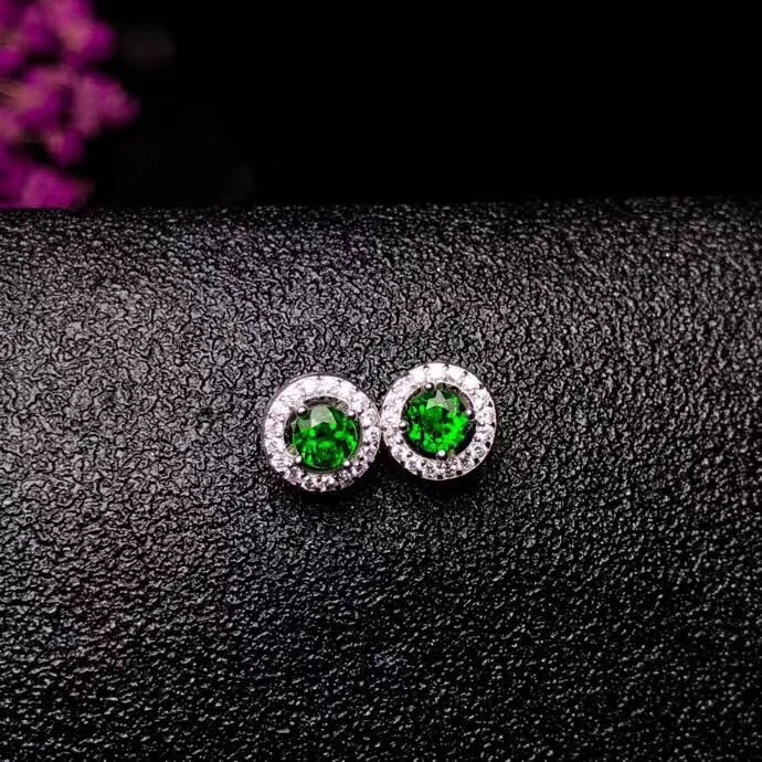 fresh green diopside gemstone earrings 925 silver fine jewelry round natural gem stud color girl ornament gift | Украшения и
