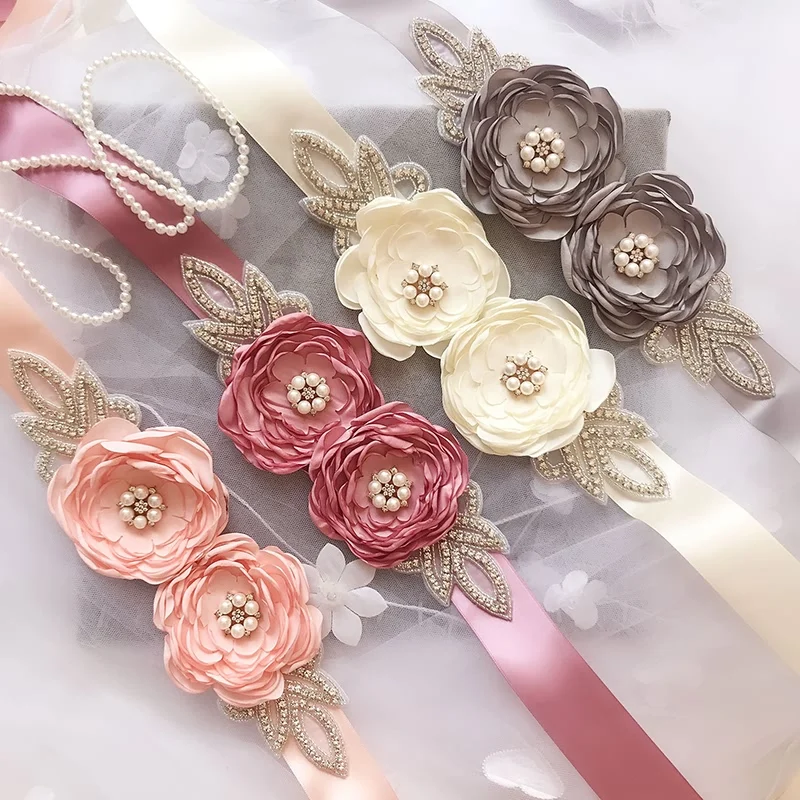 

Flower Blossom Pearl Rhinestone Leaf Belt Women Flower Girl Rose Wedding Sashes Ribbons Wedding Dress Belt Bridesmaid Bride