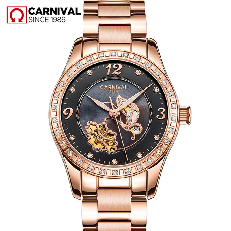 Carnival  Mechanical Watch Women Ceramic Clock Butterfly Design Women's Watches Top Brand Luxury Women Sapphire Crystal Female