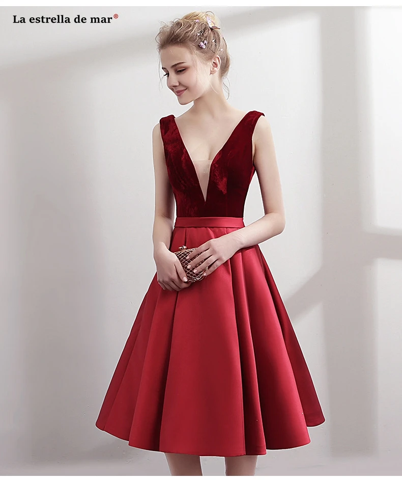 Vestido coctel2020 новые сексуальные бархатные атласные коктейльные платья трапециевидной формы с v-образным вырезом длиной до середины икры бордовые элегантные вечерние коктейльные платья