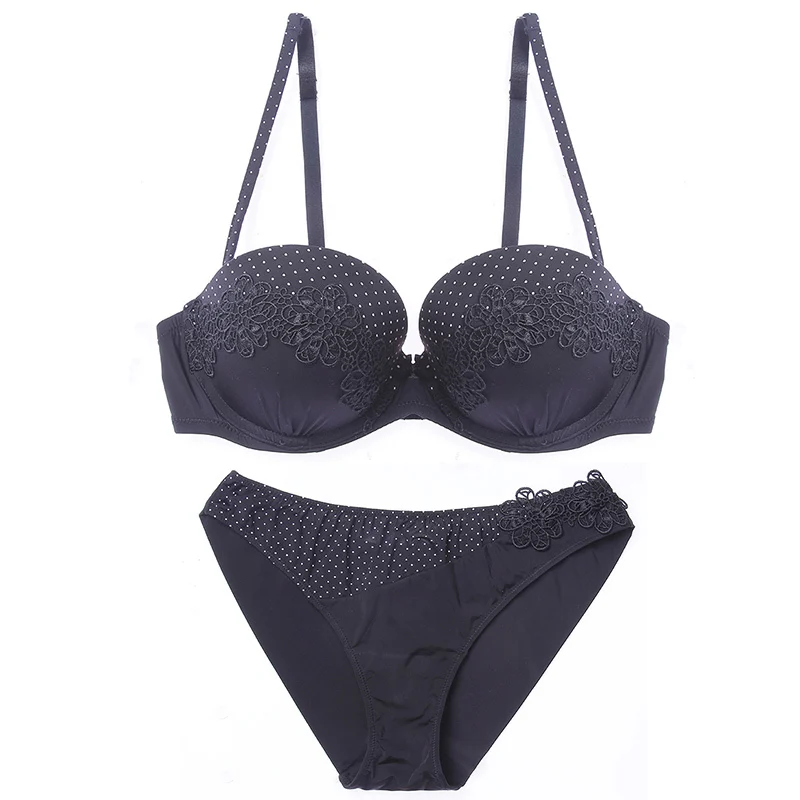 BLACK Set Lilymoda, сексуальный женский бюстгальтер, набор, Ретро стиль, узор в горошек, Цветочная вышивка, нижнее белье, пуш-ап, бюстгальтер, бесшовные трусики, удобные - Цвет: BLACK Set