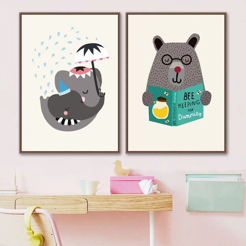 Cartoon Elephant Bear Reading Umbrella Posters And Prints Wall Art Canvas Painting Nordic Poster Pictures Kids Room Decor | Дом и сад