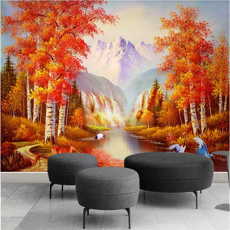 Осенний красный белый березовый лес пейзаж картина маслом 3D фото настенная