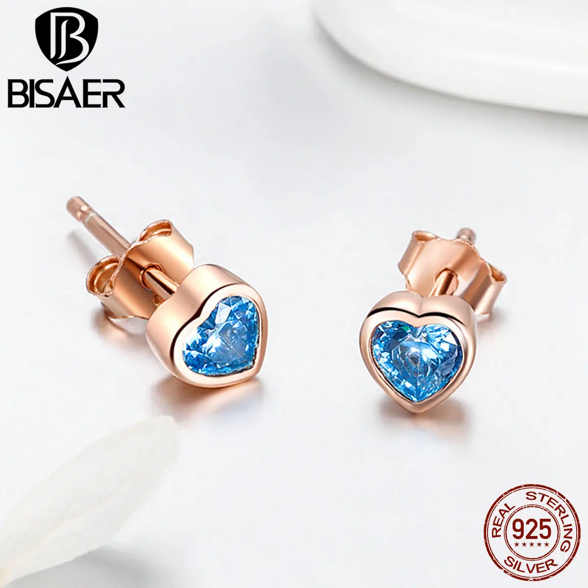 Серьги в форме сердца BISAER, 925 пробы, серебро, синий, сердце, камень, любовь, серьги-гвоздики для женщин, день рождения, юбилей, роскошный подарок, GOS452