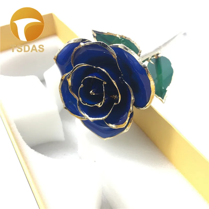 blue 24 K позолоченный Искусственный цветок розы для украшения Роза с золотистым напылением с зеленым цветом подарок на день Святого Валентина - Цвет: blue