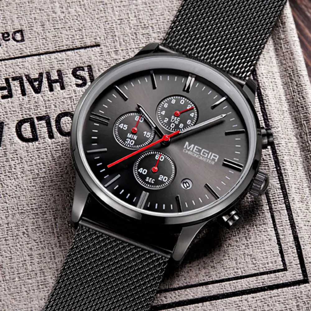 Мужские кварцевые часы MEGIR черные повседневные из нержавеющей стали с сетчатым