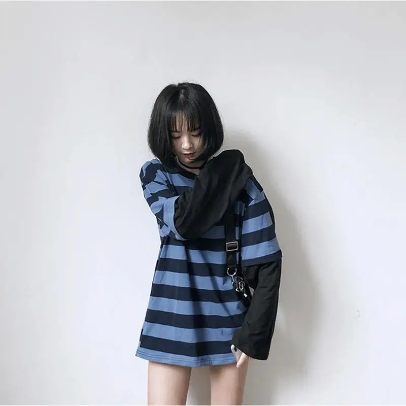 Женская футболка с длинными рукавами Harajuku черная синяя свободная в полоску