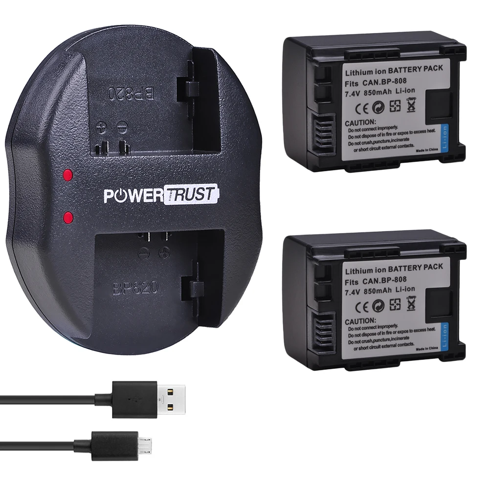 

2Pcs 850mAh BP-808 BP808 li-ion Battery and Dual USB Charger for Canon FS406 HFM400 HF100 M300 S100 S200 FS36 FS37 HF200 HFS11