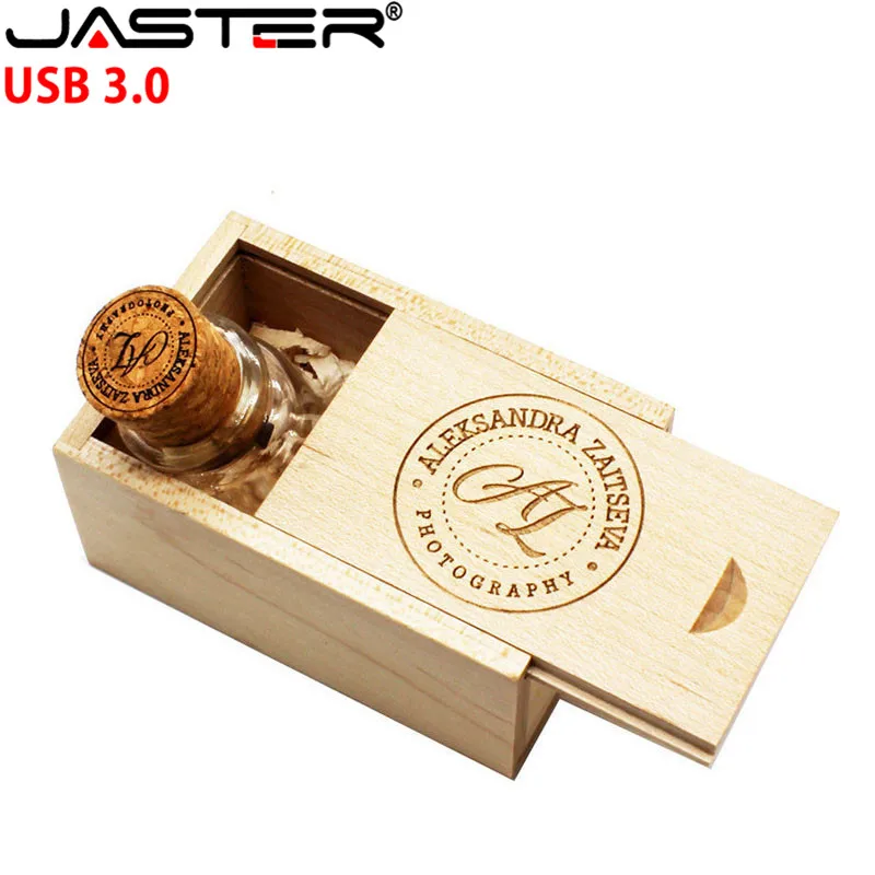JASTER USB 3,0, логотип клиента, стеклянная бутылочка, пробка, USB+ деревянная коробка, флешка, 4 ГБ, 8 ГБ, 16 ГБ, 32 ГБ, 64 ГБ, свадебный подарок